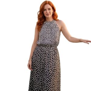 Adrianna Papell Polka Dot Dress Black White Halter Midi Dress Wedding Guest